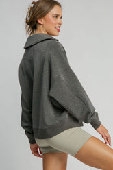 Umgee Women's Johnny Collar Dropped Shoulder Sweatshirt – Chic & Comfortable Casual Wear